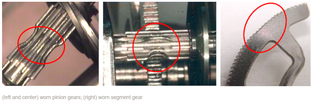 worn pinion gear; worn segment gear